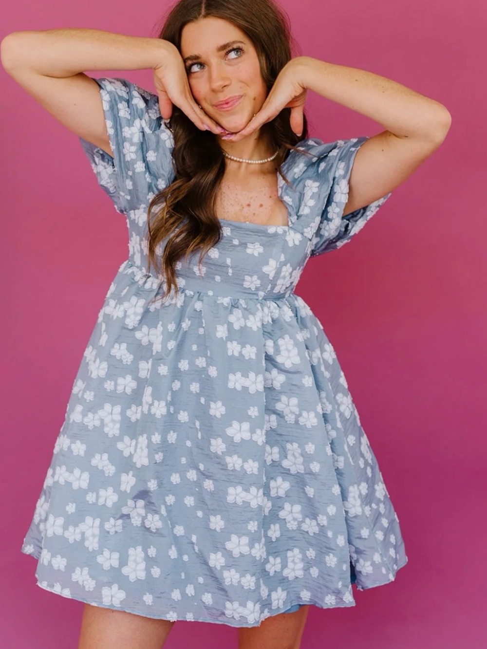 Blue Floral Square-Neck Babydoll Dress